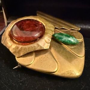 Vintage Artisan Assemblage Brooch Amber & Jade (faux) 
Art Deco Influenced